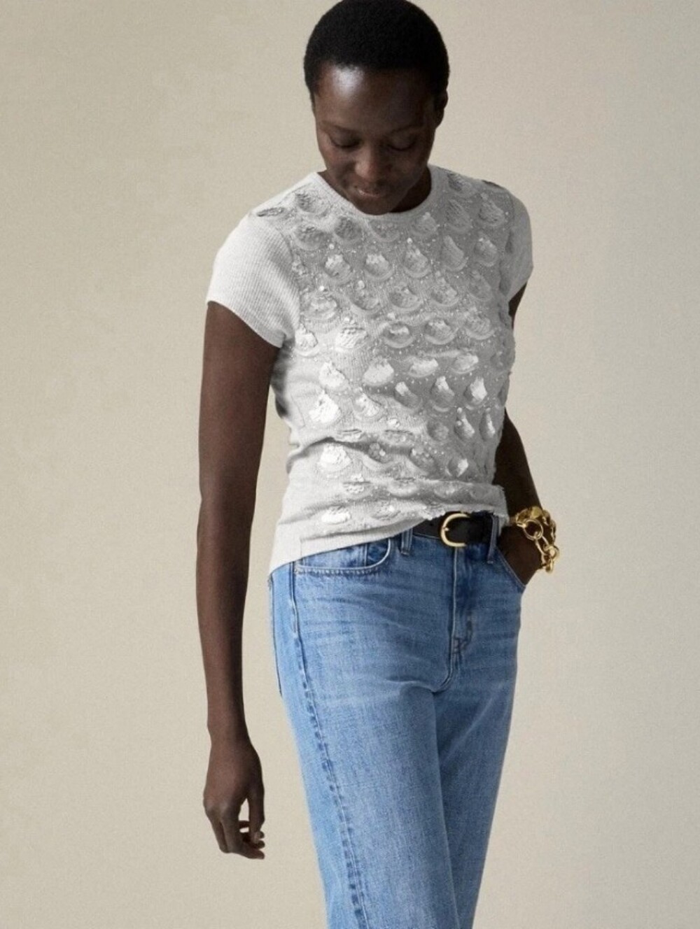J Crew Sequin T Shirt Gray & Silver Embellished Ribbed Slim Fit Cotton Modal MD - Picture 2 of 11